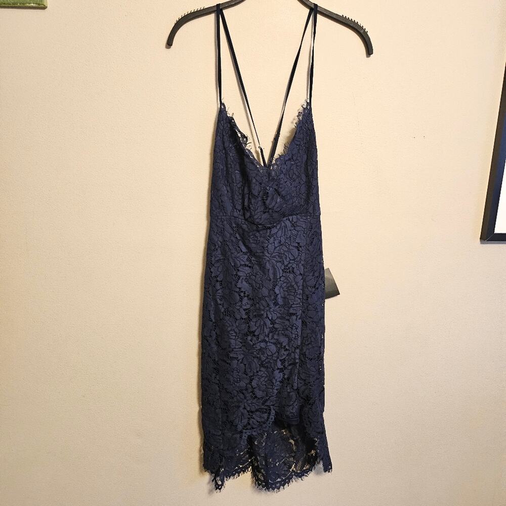 Lulu's Navy Blue Asymmetrical Lace Criss Cross Mini Dress Medium NWT